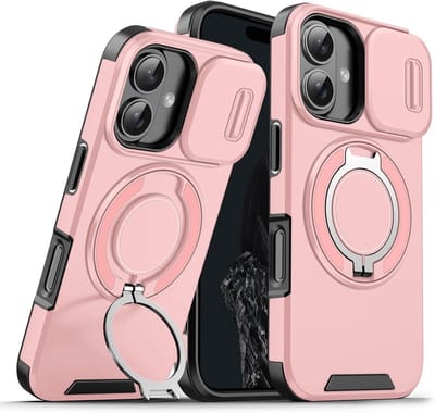 Armor Tough [360° draaibare ringstandaard] [compatibel met Magsafe] Hoesje Geschikt voor: iPhone 16 - Ingebouwde dia camera cover - Hybrid - Roze