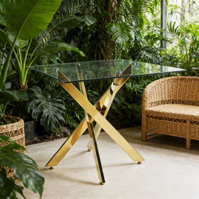 MODENUIT Eettafel - Vierkant Tafelblad Met Kruispoten - Voor Keuken En Eethoek - Glas En Metaal - 80x80x75 Cm - Goud