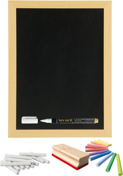 Schoolbord/krijtbord - 30 x 40 cm - met krijtjes - 12x wit, 12x kleur - en een bordwisser - Schoolborden