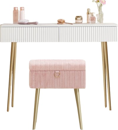 Jently kaptafel stoel - kruk - stoel - opberg kruk - verstelbare voeten - voetkruk - make up kruk - metalen poten - roze