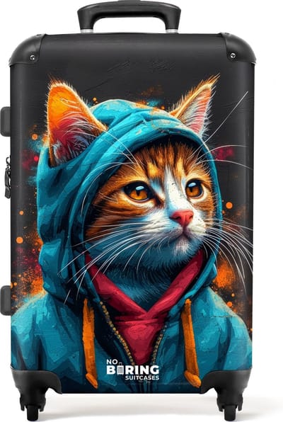 NoBoringSuitcases.com® - Koffer groot - Rolkoffer lichtgewicht - Graffiti kat met blauw vest - Reiskoffer met 4 wielen - Grote trolley XL - 20 kg bagage