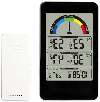 Weerstation Binnen Buiten - Thermometer Hygrometer - Weersvoorspelling - Groot Kleuren LCD - 13.5cm x 8cm - Zwart