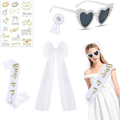 5-delig Accessoire Set voor Vrouwen - Bruidsluier, Bride to Be Sash, Hartvormige Zonnebril, Versiering voor Vrijgezellenfeest en Bruiloft