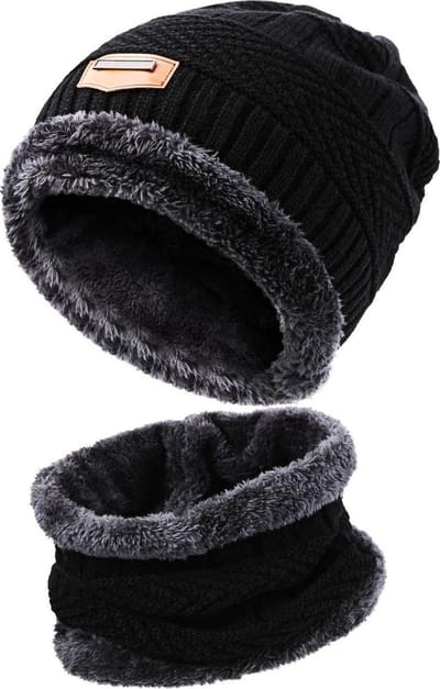 Gebreide Beanie Muts en Sjaal Set - Warme Bonnet - Winter Muts Met Colsjaal Nekwarmer - Halswarmer Wintermuts Wol Gevoerd - Winter - Cadeau - Zwart