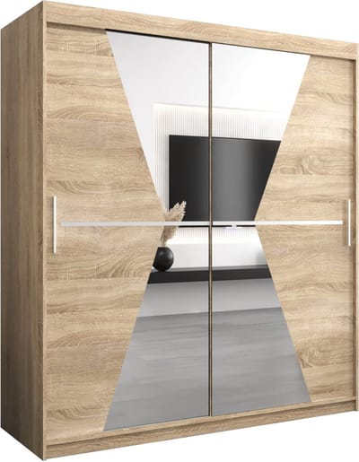 InspireMe - Kledingkast met 2 schuifdeuren, Modern-stijl, Een kledingkast met planken en een spiegel (BxHxD): 180x200x62 - TOTO 180 Sonoma Eik met 4 lades