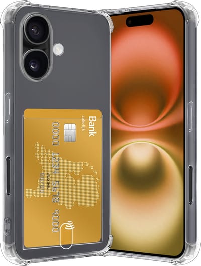 Hoes - Geschikt voor Apple iPhone 16 - Met Pashouder en Kaarthouder - Telefoon Hoesje Shockproof - Siliconen Case - Back Cover - Shock Proof - Pasjes Houder - Transparant