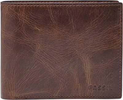 FOSSIL Leren Portemonnee Derrick RFID Large Coin Pocket Bifold Dark Brown Bruine