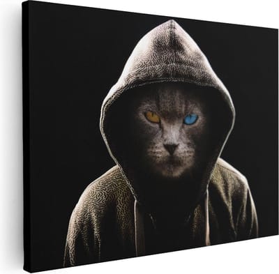 Artaza Canvas Schilderij Kat Met Hoodie - 40x30 cm - Klein - Wanddecoratie Dieren - Muurdecoratie Mancave - Schilderijen Op Canvas