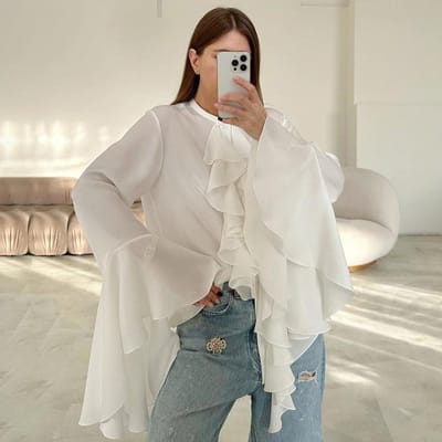 Chemise blanche en mousseline de soie à col rond et manches évasées à volants pour femme 2024 Nouvelle mode européenne et américaine pour le printemps et l'été S blanc