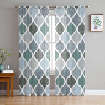 Groen Grijs Geometrisch Marokkaans Retro Voile Transparante Gordijnen Woonkamer Raam Tule Gordijn Keuken Slaapkamer Gordijnen Huisdecoratie 135W x 114H(cm) gray