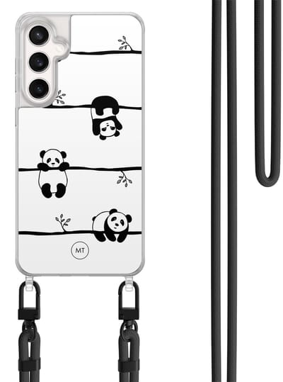 Hoesje met koord geschikt voor Samsung Galaxy S24 FE - Panda - Inclusief Zwart koord - Crossbody beschermhoes - Transparant, Zwart, Wit - Mooie Telefoonhoesjes