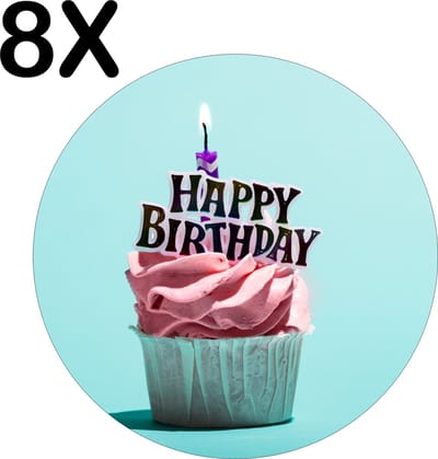 Luxe Ronde Placemat - Happy Birthday Roze Muffin met Turqoise Achtergrond - Set van 8 Placemats - 50x50 cm - 2 mm dik Vinyl - Anti Slip - Afneembaar
