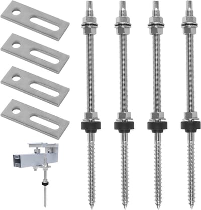 Verstelbare M10 x 250 mm RVS Bevestigingsschroeven met Dichting - Set van 4 voor Zonnepaneel Montage, EPDM Rubberen Dichting, Adapterplaat voor Daken