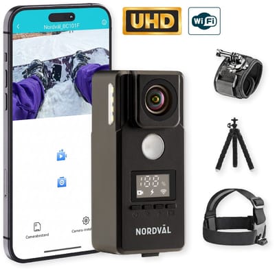 Nordväl BC101F Action Camera – 4K Ultra HD – Tot 10 uur accuduur – Inclusief 50 accessoires – Ingebouwde beeldstabilisator – Wifi – Verlichting – Sportcamera – Actiecamera – Vlogcamera