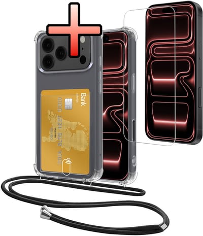 Hoes Geschikt voor Apple iPhone 17 Pro Hoesje Pasjeshouder Cover Met Koord Shock Proof Case Siliconen Hoes Met Telefoonkoord en Kaarthouder Met Screenprotector - Transparant