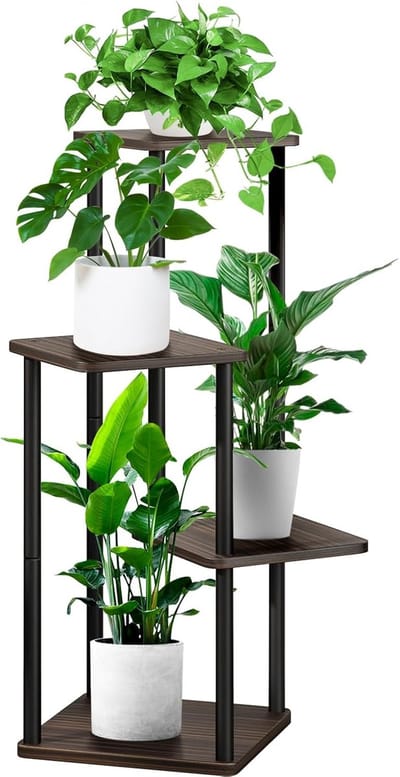 4 etages, houten plantenrek, plantenstandaard, plantenstandaard, bloemenbank, bloementrap, plantentrap, staand rek voor binnen, tuin, balkon, decoratie (zwart eiken)