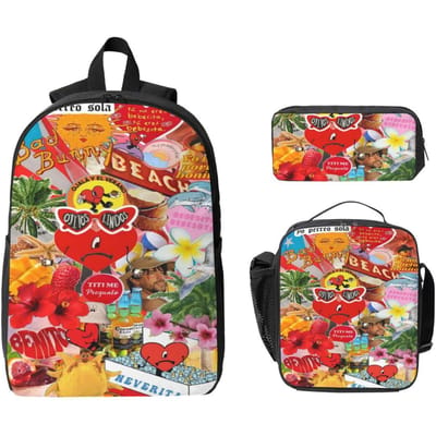 3 Stuks Debi Tirar Mas Fotos DTMF Bads Bunnys Muziektour Accessoires Rugzak Set voor Kinderen Etui's Schooltassen Sets met Lunchbox black