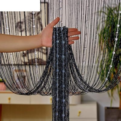 Vliegengordijn, Deurgordijn, Gordijn van draad met kristallen kralen, schermgordijn met kwastjes, geschikt voor deuropening, binnen decoratie, salon, bruiloft, feestdecoratie, woonkamerafscheiding - 1x2 meter(zwart)| Cyslmuk®