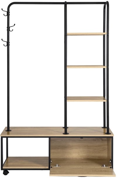 Sello! kapstok met schoenenrek – garderoberek – kastje – legplanken – haken – wieltjes – metalen frame – 110 x 160 x 37.5 cm