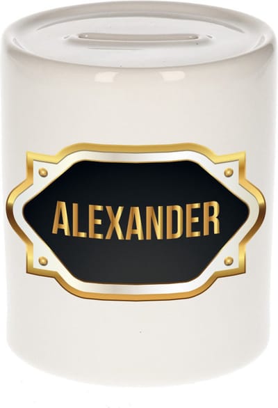 Spaarpot met voornaam Alexander - wit - met goud/zwart embleem - 8 x 9 cm - keramiek - met afsluitdop - cadeau verjaardag