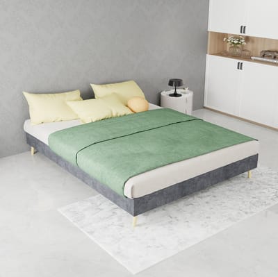 MEUNIQ bedframe 140 x 200 cm met lattenbodem, lage uitvoering, grijze stof en metaal, zonder hoofdbord en zonder matras, tweepersoons bed voor slaapkamer
