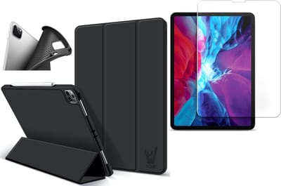 Hoes + Screenprotector geschikt voor iPad Pro 2020 12.9 inch - Smart Book Case Hoesje Zwart