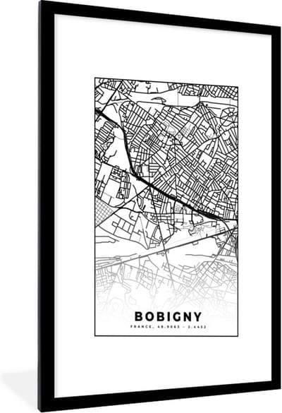 Fotolijst incl. Poster Zwart Wit- Stadskaart - Bobigny - Frankrijk - Kaart - Plattegrond - Zwart wit - 60x90 cm - Posterlijst