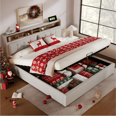 Merax Opbergbed 160 x 200 cm met opberghoofdeinde - USB - linnen stof - beige