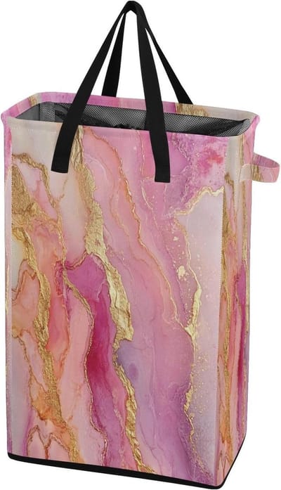Wasbak met handgrepen - Kledingmand mand - Wasgoed sorteren - Vrijstaand ontwerp - 48L capaciteit - Marmer Roségoud Pastel