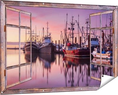 Gards Tuinposter Doorkijk Schepen in de Haven - Boten - 150x100 cm - Tuindoek - Tuindecoratie - Wanddecoratie buiten - Tuinschilderij