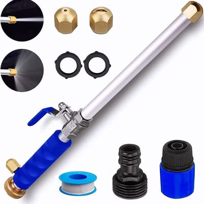 8-delige set – Hogedrukreiniger – Geweldige hogedrukreiniger – met intrekbaar spuitpistool – Flexibele slang en universeel mondstuk – Voor het reinigen van afvoeren – Terrassen – Auto's – Huisdieren en ramen (46,5 cm, Blauw)