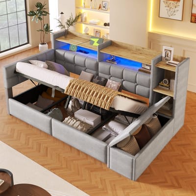Slaapbank 90x200 cm - met opbergruimte en LED-verlichting - USB- en Type-C-aansluitingen - opbergpoef - zonder matras - grijs