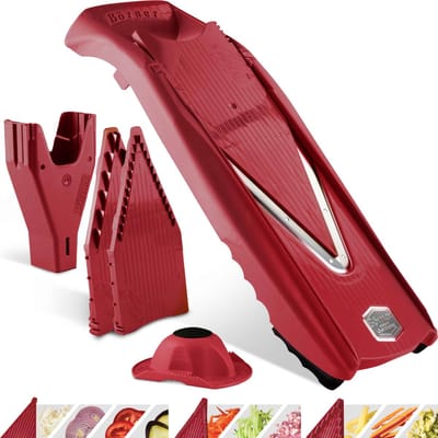 Börner Mandoline V5 PowerLine Starter | 5-delige set | 6 snijdiktes | Geschikt als Frietsnijder | BPA-vrij en Roestvrij | Rood