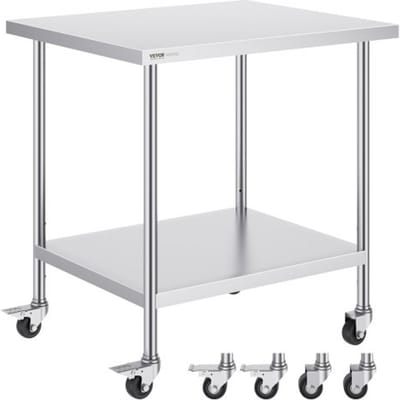 VEVOR RVS werktafel, keukentafel 762 x 914 x 954,6 mm, voorbereidingstafel, met 4 wielen, 3 verstelbare hoogteniveaus, werktafel voor voedselbereiding voor commerciële restaurants