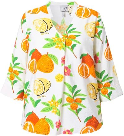 Ulla Popken - Dames - Tuniek fruit opstaande kraag V-hals 3/4-mouw - Sneeuwwit - Maat 42+