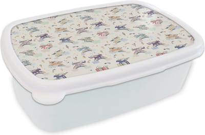Broodtrommel Wit - Lunchbox - Brooddoos - Unicorn - Regenboog - Patronen - 18x12x6 cm - Volwassenen