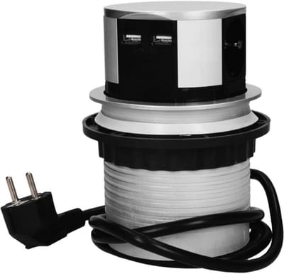 Thuys – Ø 10cm Uittrekbare – Meubelstekkerdoos – Met USB – Lader – 3x 2P – Z Stopcontacten – 2x USB – Schuko – Uitvoering – Met 1,5 m Kabel