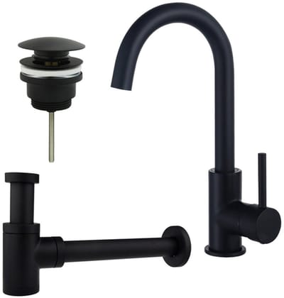 FugaFlow Eccelente Sobrado Badkamer Wastafelkraanset - hoge wastafelkraan - draaibare uitloop - klikwaste plug - verlaagde design sifon - Mat zwart