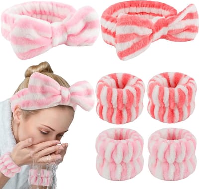 Spa Hoofdband Polsband Set - Gezichtsreiniging Set - Huidverzorging Routine - Dubbellaags Koraalfluweel - 6 Stuks - Wit