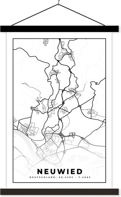 Posterhanger incl. Poster 40x60 cm - Schoolplaat - Stadskaart - Neuwied - Plattegrond - Kaart - Textielposter - Zwarte latten - Stadskaart