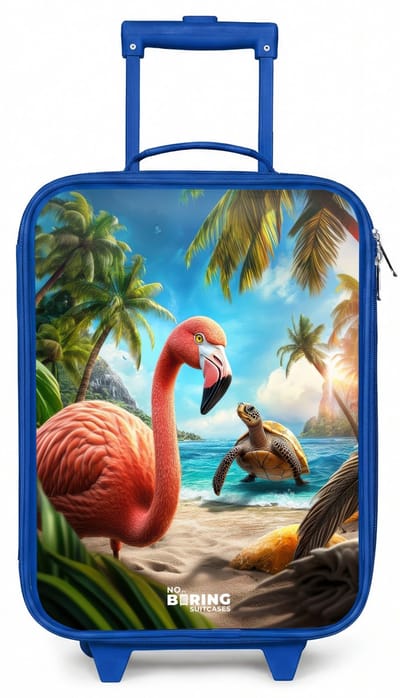 NoBoringSuitcases.com® - Kinderkoffer blauw - Kindertrolley jongen - Flamingo en schildpad op tropisch strand - Koffer kind lichtgewicht - Reiskoffer trolley voor kinderen - Koffertje met lichtgevende wieltjes - Rolkoffer