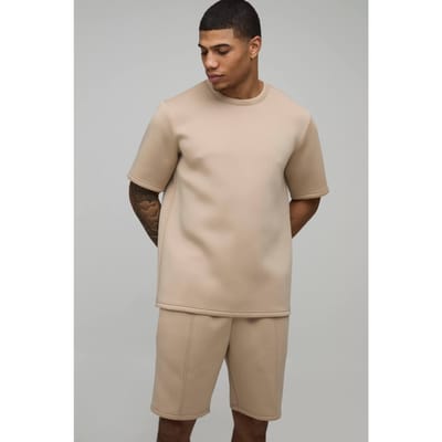 Regular Fit Gebonden Scuba T-shirt & Slim Pintuck Short Set | Taupe | Size XS