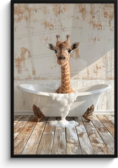 Poster in lijst - Fotolijst 80x120 cm - Posters - Giraf - Badkuip - Vintage - Dieren - Posterlijst zwart - Wanddecoratie badkamer - Muurdecoratie WC - Decoratieve accessoires - Toilet muur decoratie
