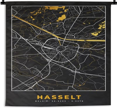 Wandkleed - Wanddoek - Plattegrond - Hasselt - Kaart - Stadskaart - Goud - 180x180 cm - Wandtapijt