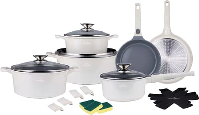 Swiss Haus® LG3019CR Pannenset Inductie - 19 Delige Pannensets - PFAS Vrij - Set Met Koekenpannen, Kookpotten & Steelpan - Pannen met Afneembare Handgrepen - Pan met Sapphire™ Antiaanbaklaag - Creme