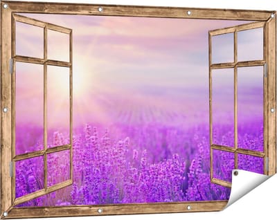 Gards Tuinposter Doorkijk Bloemenveld met Paarse Lavendel - 120x80 cm - Tuindoek - Tuindecoratie - Wanddecoratie buiten - Tuinschilderij
