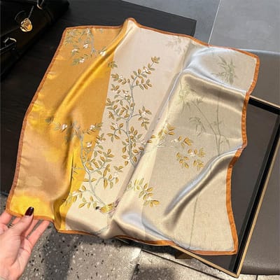 Écharpe Pure Soie Véritable Foulard Cheveux Femme Foulard Carré Bandana Tête Hijab Imprimé Poncho Écharpes Pashmina Real Silk 53x53cm beige