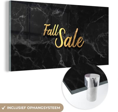MuchoWow® Glasschilderij 40x20 cm - Schilderij acrylglas - Sale - Herfst - Goud - Marmer - Foto op glas - Schilderijen