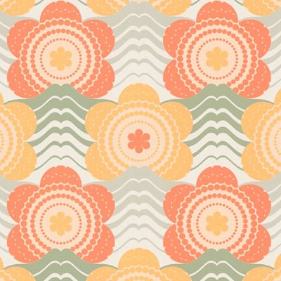 Retro behang Profhome 395394-GU vliesbehang hardvinyl warmdruk in reliëf licht gestructureerd met bloemen patroon mat oranje mosgrijs okergeel olijfgroen 4,5 m2