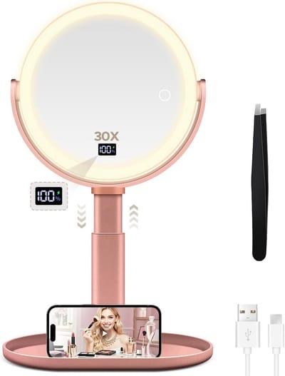 Vergrootspiegel met LED Verlichting en Digitaal Display | 30X Vergroting | In Hoogte Verstelbaar | Oplaadbaar voor Reizen